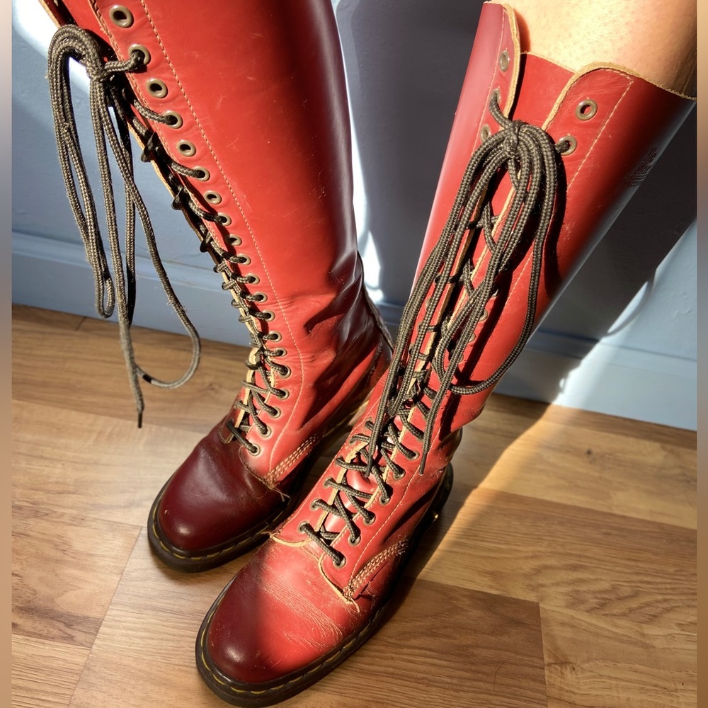 Doc Martens tall red boots knee high Oxblood Vintage Original made in England